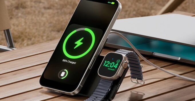 您可以將此無線智能手機電力銀行旋轉以向Apple Watch充電 您可以將此無線智能手機電力銀行旋轉以向Apple Watch充電