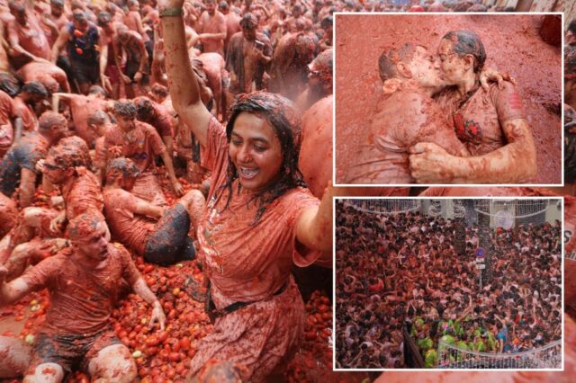 在西班牙的“世界上的大型食品鬥爭”中，在托馬蒂納（Tomatina）內：照片