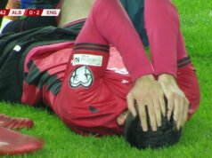 這位受傷的24歲英超王牌球員在阿爾巴尼亞對陣英格蘭的比賽中淚流滿面,球迷擔心“這就是結局”