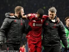 亞歷山大·伊薩克 (Alexander Isak) 在 125m 利物浦男子對陣托特納姆熱刺隊的比賽中進球後因嚴重受傷被迫下場