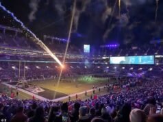 在巴爾的摩烏鴉隊與愛國者隊比賽前的一個可怕時刻,一朵流氓煙花直接射向球場。