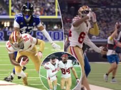 49 人隊接球手 Kendrick Bourne 在對陣小馬隊的比賽中接球獲得 500,000 美元獎金