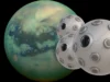 美国宇航局资助球形“飞行机器人”,可以探索土星卫星泰坦的洞穴 a mottled green orb on a black background and several metallic spheres with eye-like cameras