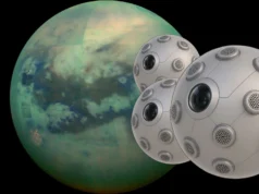 美国宇航局资助球形“飞行机器人”,可以探索土星卫星泰坦的洞穴 a mottled green orb on a black background and several metallic spheres with eye-like cameras