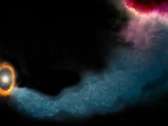 一条长达 1 万亿英里的宇宙气体“河流”将猎户座中的行星送入倾斜轨道 a tendril of blue-grey gas curves its way across a starry background toward a ring of bright orange gas around two brighter, smaller rings inside of it