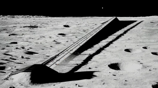 SpaceX could make $500 billion in 2028, Elon Musk says Illustration of a long railway-like structure on the moon, with a tiny-looking earth in the background