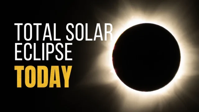 A total solar eclipse will darken the sky for millions today! Here's what you need to know text on the left reads total solar eclipse today and on the right is the sun during totality appearing as black circle surrounded by a white halo.