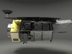 南希·格雷斯·罗马太空望远镜(NASA 的下一个大型天文台)内部 A visualization of the Roman Space Telescope facing horizontally onscreen.
