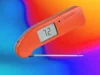 这是预防沙门氏菌所需的唯一食品安全物品 Overhead view of Thermo Works Thermapen One, an orange food thermometer with a small digital screen and long silver rod extending downward