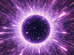 科学家称“暗星”可能是超大质量黑洞的种子 A purple orb surrounded by beams of light shooting outward.