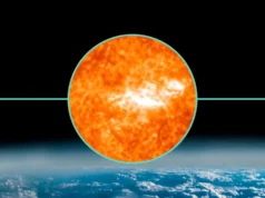 太阳向地球发射强大的 M6.9 太阳耀斑和日冕物质抛射——这会增加本周出现北极光的机会吗? A close up view of the sun as a large eruption occurs - the m-class solar flare. in the background is earth from space.