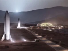 关于太空产权的未来,历史可以告诉我们什么(专栏) artist's illustration of a settlement on mars: three big white rockets stand near a lit-up dome and a few other buildings