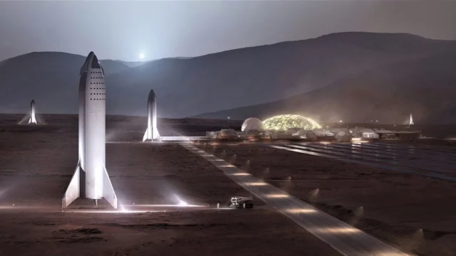 What history can teach us about the future of property rights in space (op-ed) artist's illustration of a settlement on mars: three big white rockets stand near a lit-up dome and a few other buildings