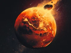 在阿尔及利亚发现的 10 亿年前的火星陨石与我们在这颗红色星球上见过的任何东西都不一样 a large rocky body slams into a reddish-orange orb, creating a cloud of dust, debris and fire