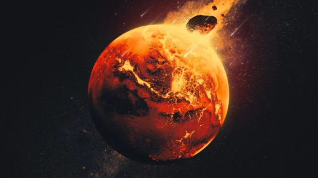 1-billion-year-old Mars meteorite found in Algeria is like nothing we've seen from the Red Planet a large rocky body slams into a reddish-orange orb, creating a cloud of dust, debris and fire