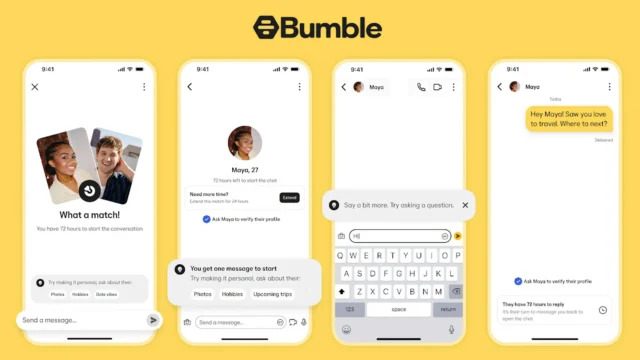 Bumble now lets either person send the first message after matching: Four screenshots of the new messaging experience coming to the Bumble app.