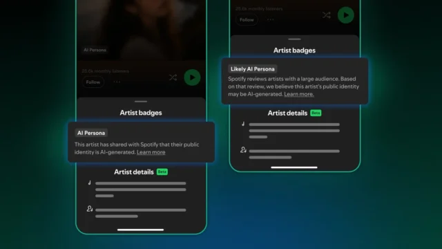 Spotify AI Persona labels will alert listeners if an artist isn't real: Illustration zoomed in on the bottom of two mobile devices displaying AI Persona and Likely AI Persona labels in Spotify