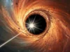 暗物质可以放大贪婪地吞噬的超大质量黑洞的喷流 An illustration shows a jet blasting out of a feeding supermassive black hole