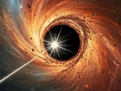 暗物质可以放大贪婪地吞噬的超大质量黑洞的喷流 An illustration shows a jet blasting out of a feeding supermassive black hole
